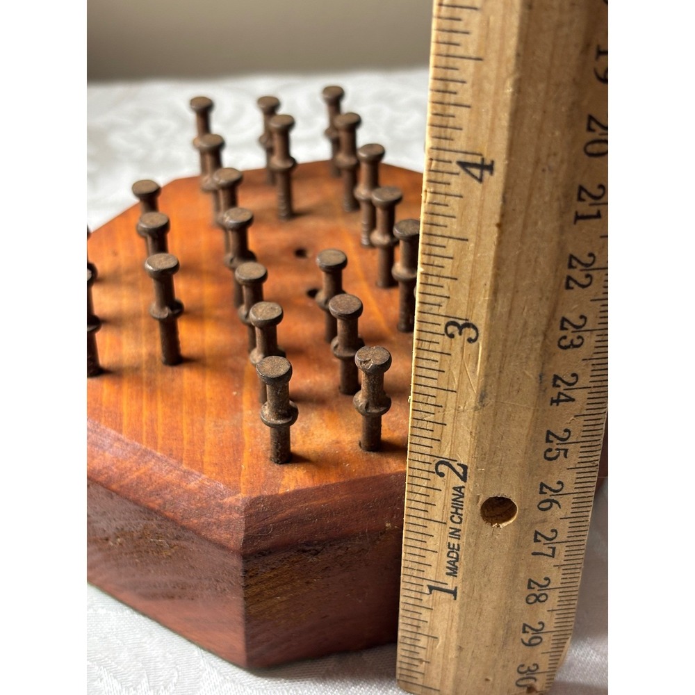 Handmade Wooden Octagon Peg Solitaire Game Rustic Metal Pins Folk Art Vintage - Picture 4 of 7